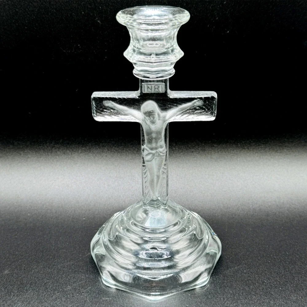 Vintage Home Interiors Glass Crucifix Candle Holder Jesus Religious‎ Cross USA